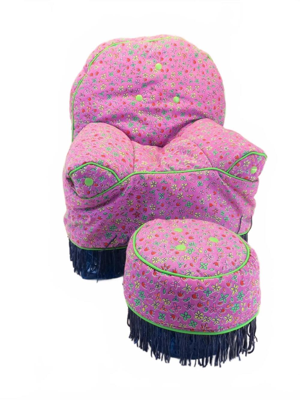 Vintage 18" Doll Furniture Pink Floral Quilted Inflatable Armchair Ottoman